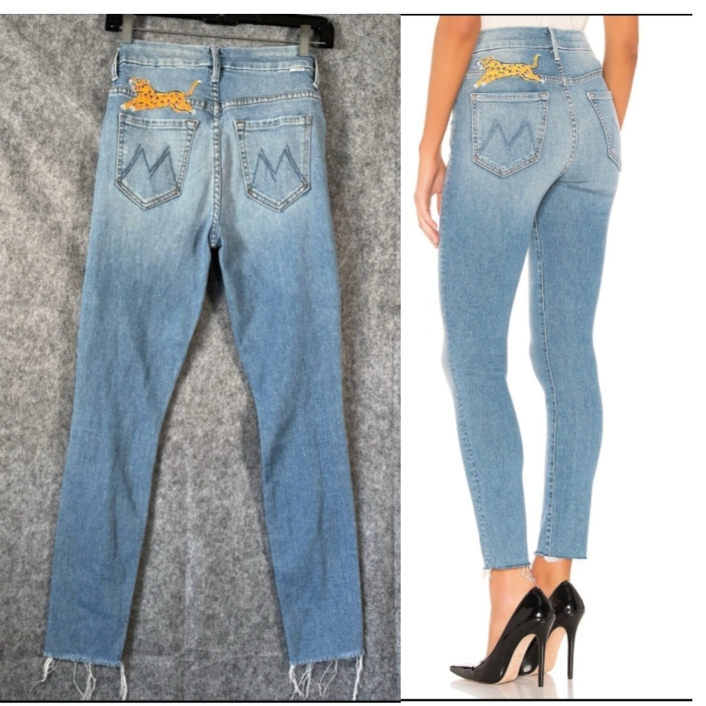 MOTHER The Looker Ankle Fray Leopard Skinny Jeans Womens 25 Distressed Emo